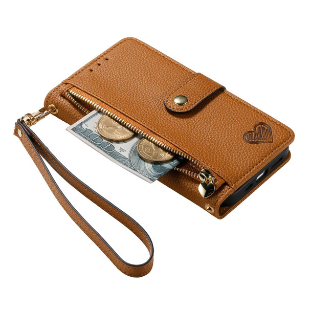 For iPhone 13 mini Love Zipper Lanyard Leatherette Phone Case(Brown)