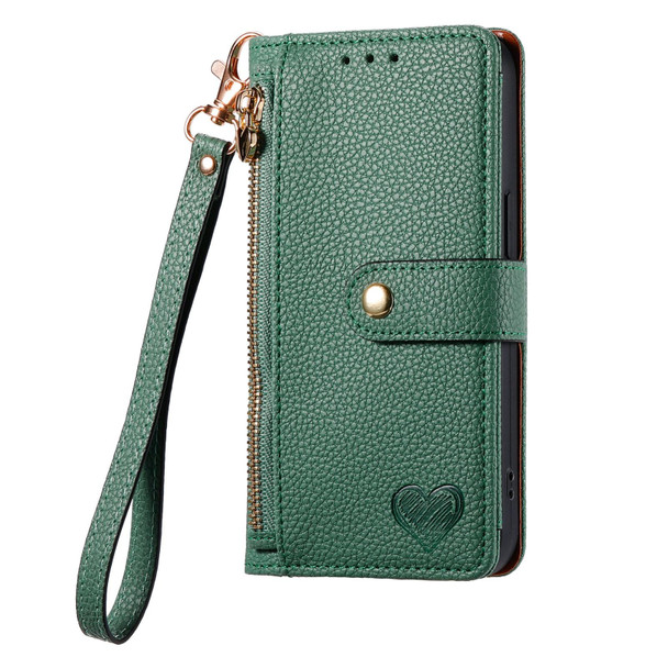 For iPhone X / XS Love Zipper Lanyard Leatherette Phone Case(Green)