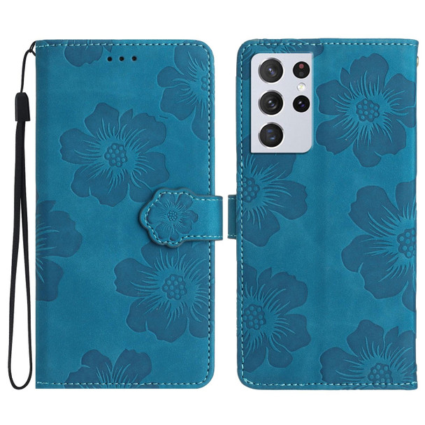 For Samsung Galaxy S21 Ultra 5G Flower Embossing Pattern Leatherette Phone Case(Blue)