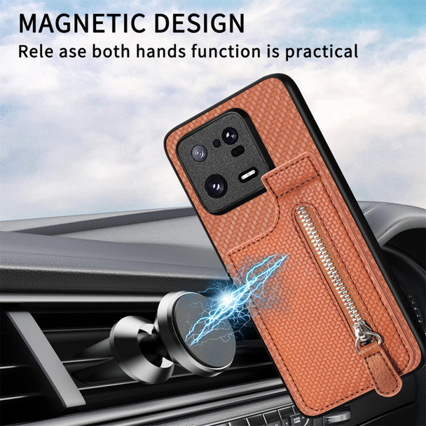 For Redmi 10 Carbon Fiber Vertical Flip Zipper Phone Case(Brown)