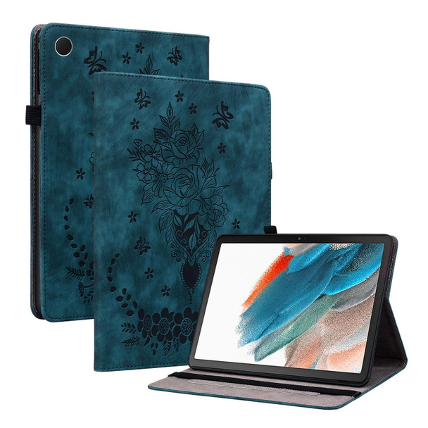 For Samsung Galaxy Tab S6 Lite P610 Butterfly Rose Embossed Leatherette Smart Tablet Case(Dark Blue)