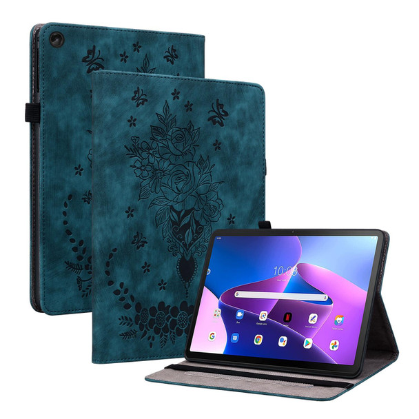 For Lenovo Tab M10 10.1 3rd Gen Butterfly Rose Embossed Leatherette Tablet Case(Dark Blue)