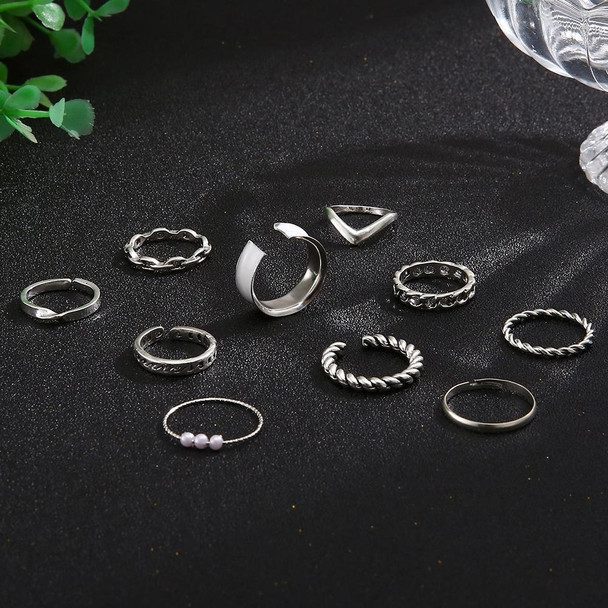 10pcs/set Multi-Metal Twisted Pearl Hollow Open Ring(SKU6234 Silver)