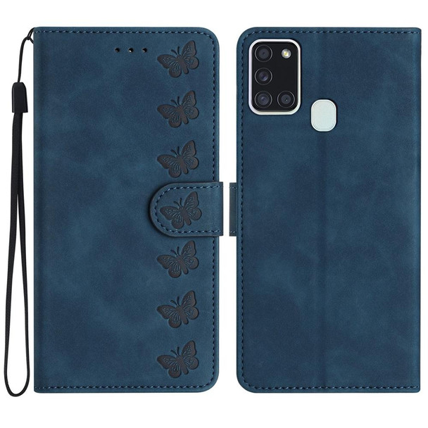 For Samsung Galaxy A20s Seven Butterflies Embossed Leatherette Phone Case(Blue)