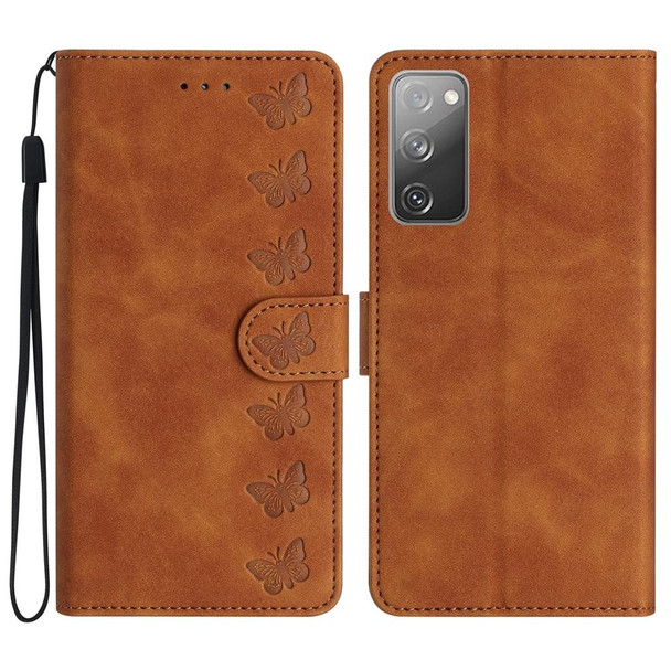 For Samsung Galaxy S20 FE Seven Butterflies Embossed Leatherette Phone Case(Brown)