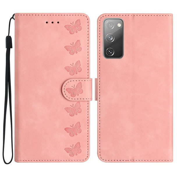 For Samsung Galaxy S20 FE Seven Butterflies Embossed Leatherette Phone Case(Pink)