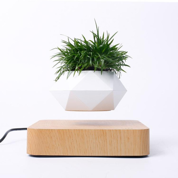 Diamond Plastic Flower Pot + Light Wood Grain Base Magnetic Levitation Potted Plant Home Decoration, EU Plug