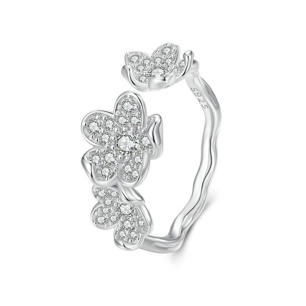 BSR447 Sterling Silver S925 Plated White Gold Fully Paved Zircon Flower Open Adjustable Ring