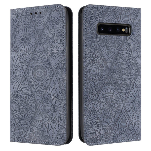 For Samsung Galaxy S10 Ethnic Embossed Adsorption Leatherette Phone Case(Grey)