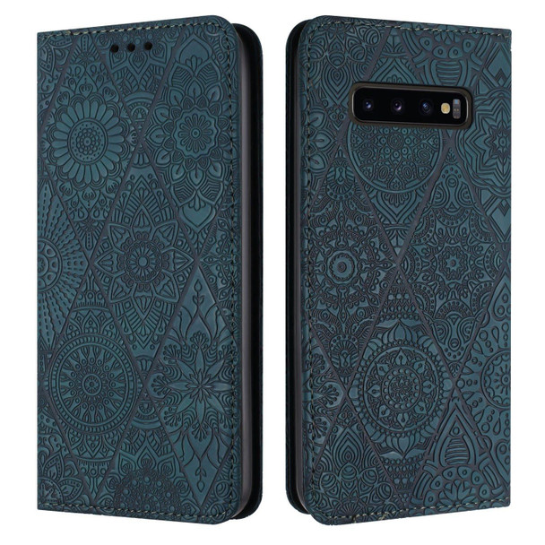For Samsung Galaxy S10 Ethnic Embossed Adsorption Leatherette Phone Case(Blue)