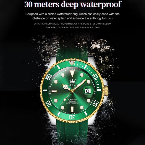 OLEVS 6650 Men Luminous Waterproof Silicone Strap Mechanical Watch(Green + Gold)