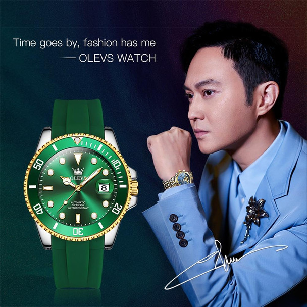 OLEVS 6650 Men Luminous Waterproof Silicone Strap Mechanical Watch(Green + Gold)