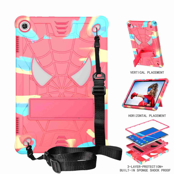 For Lenovo Tab M10 3rd Gen Spider Texture Silicone Hybrid PC Tablet Case with Shoulder Strap(Camouflage + Rose Red)