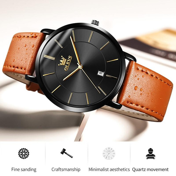 OLEVS 5869 Men Business Waterproof Genuine Leather Strap Quartz Watch(Black + Brown)