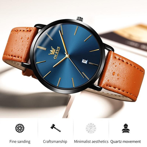 OLEVS 5869 Men Business Waterproof Genuine Leather Strap Quartz Watch(Blue Black Brown)