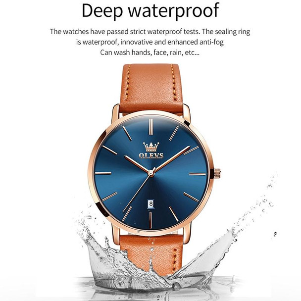 OLEVS 5869 Men Business Waterproof Genuine Leather Strap Quartz Watch(Blue + Brown)