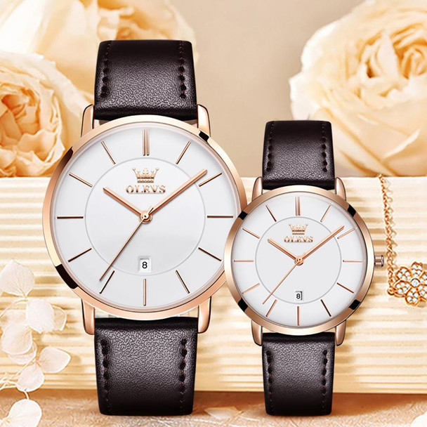 OLEVS 5869 1 Pair Couple Waterproof Genuine Leather Strap Quartz Watch(White + Rose Gold)