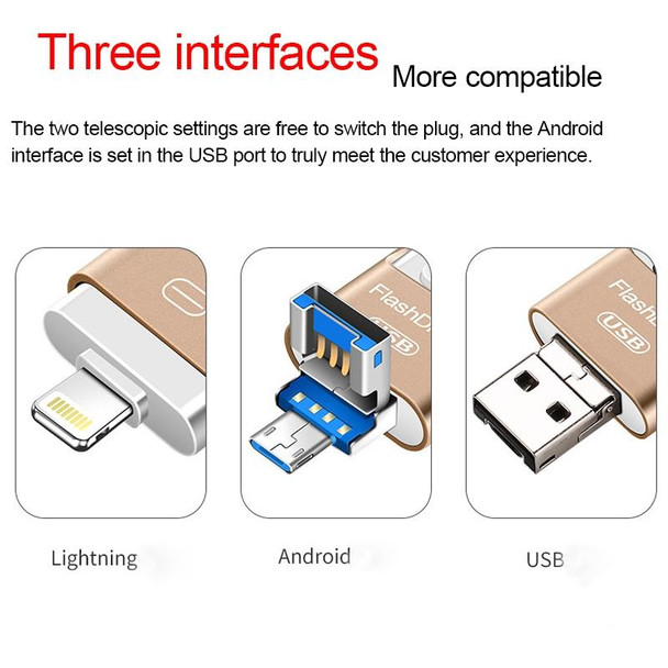 32GB USB 3.0 + 8 Pin + Mirco USB Android iPhone Computer Dual-use Metal Flash Drive (Gold)