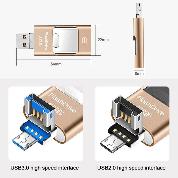 32GB USB 3.0 + 8 Pin + Mirco USB Android iPhone Computer Dual-use Metal Flash Drive (Gold)