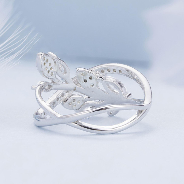 BSR453-7 S925 Sterling Silver White Gold Plated Zircon Luxury Leaf Ring