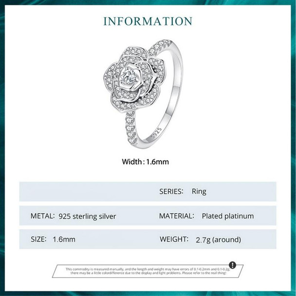 BSR449-8 S925 Sterling Silver White Gold Plated Zircon Rose Ring Hand Decoration