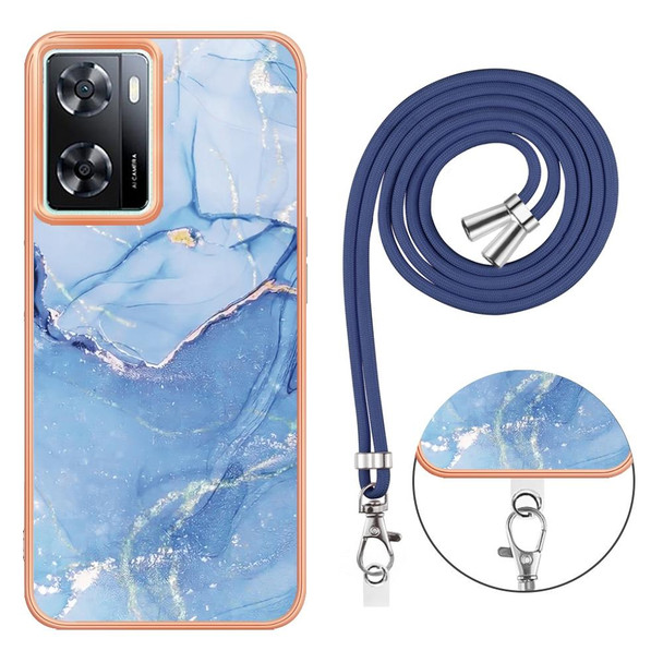 For OPPO A77 5G Taiwan Edition Electroplating Marble Dual-side IMD Phone Case with Lanyard(Blue 018)