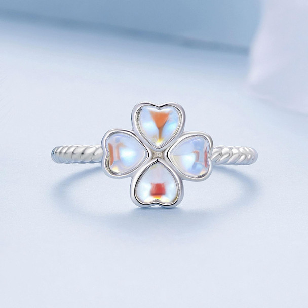 BSR458-E S925 Sterling Silver White Gold Plated Lucky Clover Open Adjustable Ring