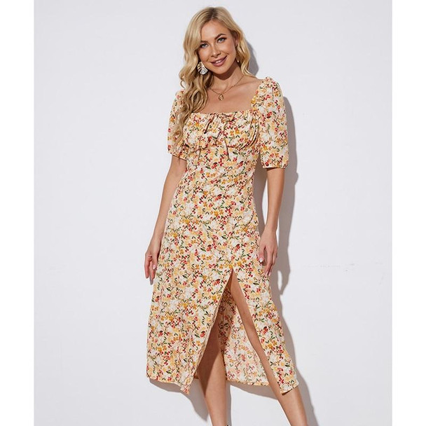 Summer Floral Mid-length Slit Short Sleeve Dress - Ladies (Color:Color Size:L)
