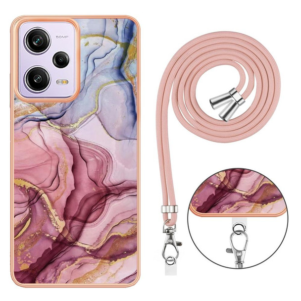 For Xiaomi Redmi Note 12 Pro 5G Global Electroplating Marble Dual-side IMD Phone Case with Lanyard(Rose Red 014)