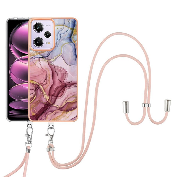For Xiaomi Redmi Note 12 Pro 5G Global Electroplating Marble Dual-side IMD Phone Case with Lanyard(Rose Red 014)