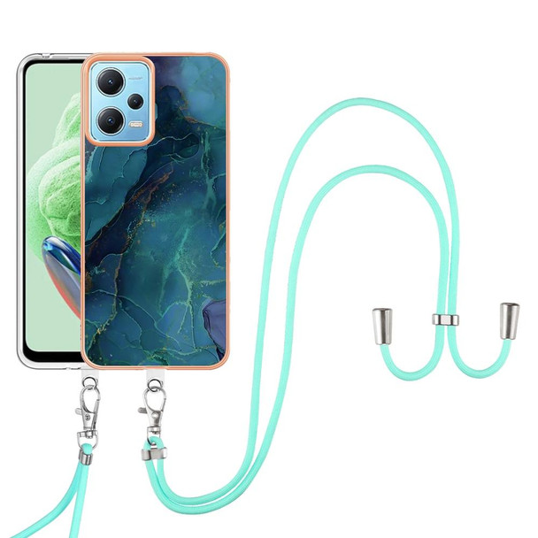 For Xiaomi Redmi Note 12 5G Global Electroplating Marble Dual-side IMD Phone Case with Lanyard(Green 017)