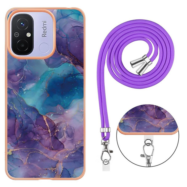 For Xiaomi Redmi 12C / 11A 4G Global Electroplating Marble Dual-side IMD Phone Case with Lanyard(Purple 016)