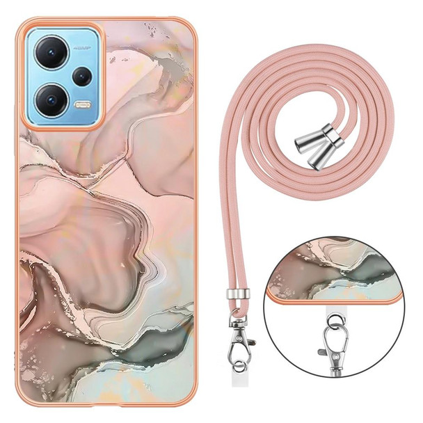 For Xiaomi Poco X5 5G Electroplating Marble Dual-side IMD Phone Case with Lanyard(Rose Gold 015)