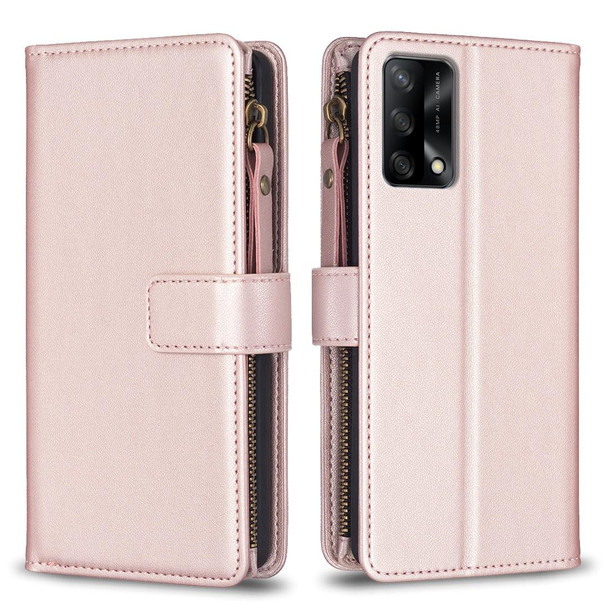 For OPPO A74 4G / F19 4G 9 Card Slots Zipper Wallet Leatherette Flip Phone Case(Rose Gold)