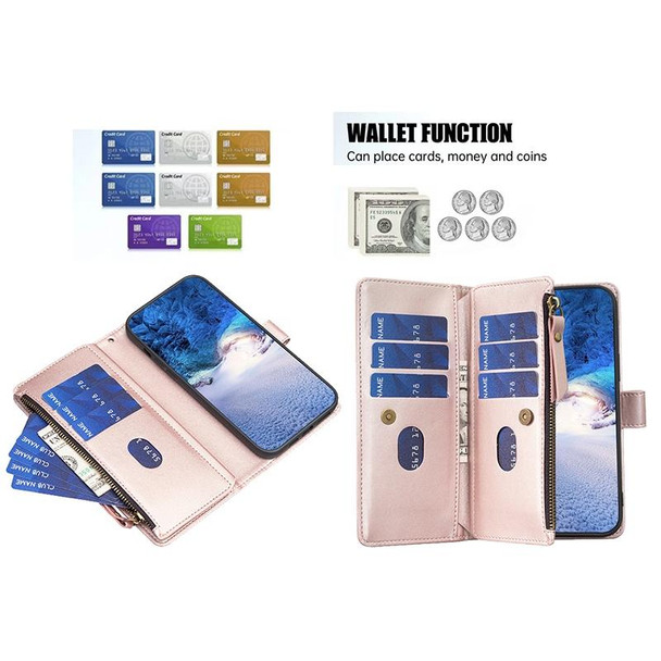 9 Card Slots Zipper Wallet Leatherette Flip Phone Case For OPPO A16 / A16s / A54s / A55 5G / A54 4G (Rose Gold)