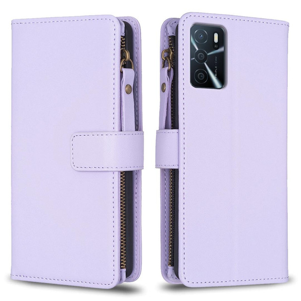 9 Card Slots Zipper Wallet Leatherette Flip Phone Case For OPPO A16 / A16s / A54s / A55 5G / A54 4G (Light Purple)