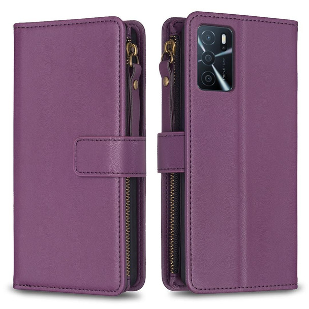 9 Card Slots Zipper Wallet Leatherette Flip Phone Case For OPPO A16 / A16s / A54s / A55 5G / A54 4G (Dark Purple)