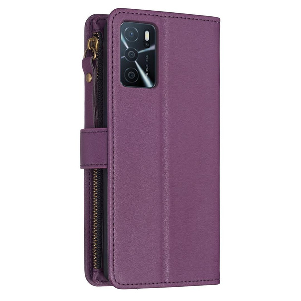 9 Card Slots Zipper Wallet Leatherette Flip Phone Case For OPPO A16 / A16s / A54s / A55 5G / A54 4G (Dark Purple)