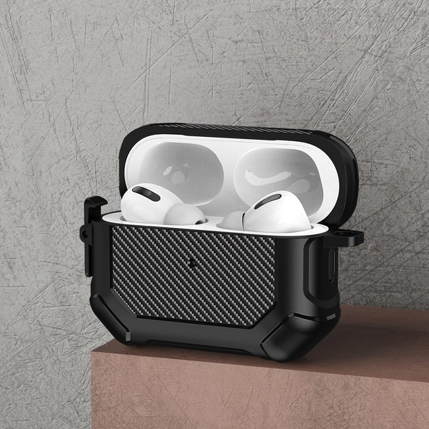 For AirPods Pro 2 Carbon Brazing Dimension TPU+PC Headphone Protective Cover with Switch Lock & Carabiner(Black)