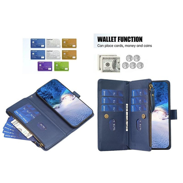 For Samsung Galaxy S21 FE 5G 9 Card Slots Zipper Wallet Leatherette Flip Phone Case(Blue)