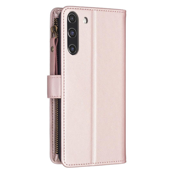 For Samsung Galaxy S21 FE 5G 9 Card Slots Zipper Wallet Leatherette Flip Phone Case(Rose Gold)