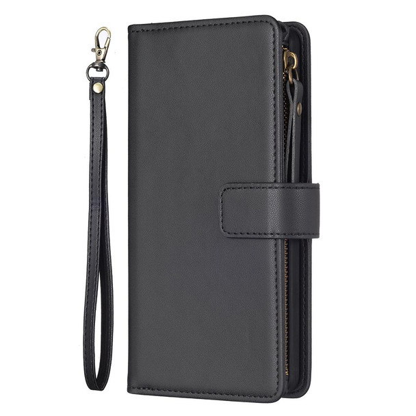 For Samsung Galaxy S21 FE 5G 9 Card Slots Zipper Wallet Leatherette Flip Phone Case(Black)