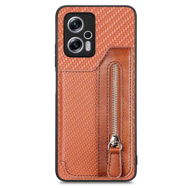 For Redmi Note 11T Pro 5G Carbon Fiber Horizontal Flip Zipper Wallet Phone Case(Brown)