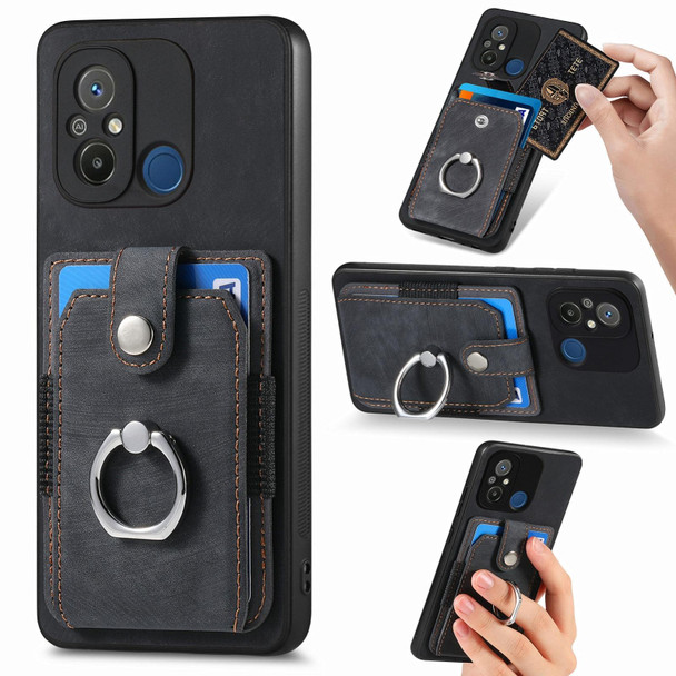 For Redmi 12C Retro Skin-feel Ring Card Wallet Phone Case(Black)