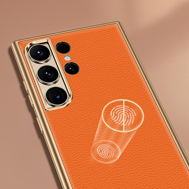 For Samsung Galaxy S22 Ultra 5G Litchi Texture Genuine Leatherette Phone Case(Orange)