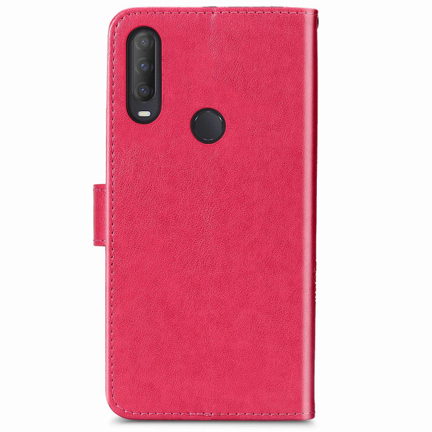 Alcatel 1S (2020) Four-leaf Clasp Embossed Buckle Mobile Phone Protection Leatherette Case with Lanyard & Card Slot & Wallet & Holder Function(Magenta)