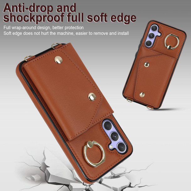 For Samsung Galaxy A54 5G Zipper Card Bag Phone Case with Dual Lanyard(Brown)