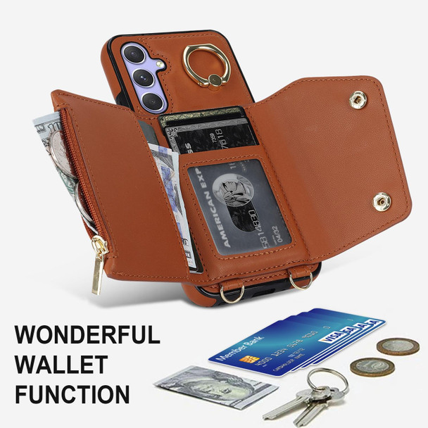 For Samsung Galaxy A54 5G Zipper Card Bag Phone Case with Dual Lanyard(Brown)