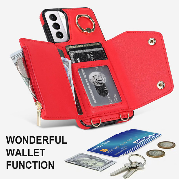 For Samsung Galaxy S21+ 5G Zipper Card Bag Phone Case with Dual Lanyard(Red)