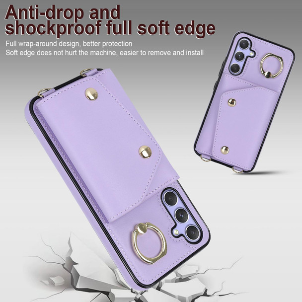 For Samsung Galaxy A54 5G Zipper Card Bag Phone Case with Dual Lanyard(Purple)